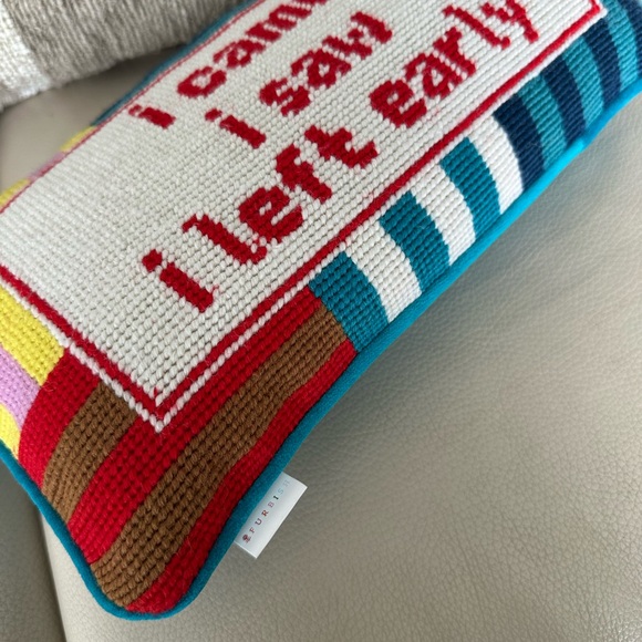 Vibrant Striped needlepoint Pillow with Humorous Text by Furbish NWOT - Picture 3 of 3